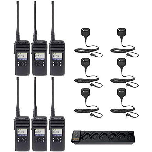 Motorola DTR700 50 Channel 1 Watt 900MHZ License Free Digital Two Way Radio with HKLN4606 Speaker Microphone and PMPN4465 Multi Unit Charger (6 Pack)