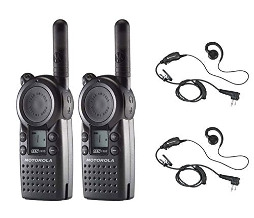 2 Pack of Motorola CLS1110 Radios with 2 Push To Talk (PTT) HKLN4604 earpieces.