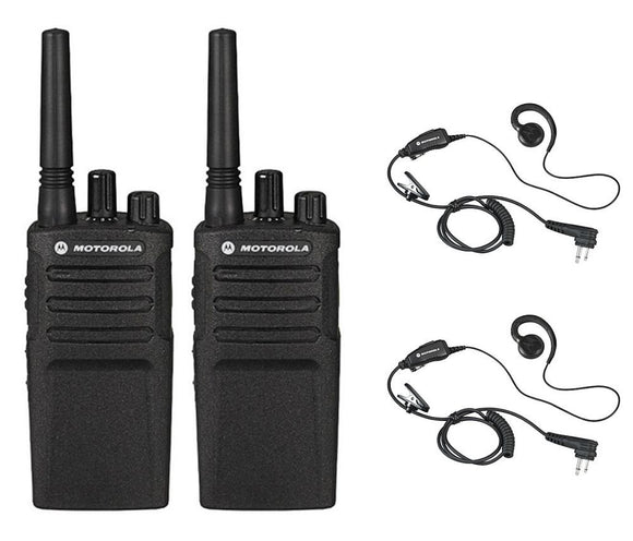 2 Pack of Motorola RMU2040 Radios with 2 Push to Talk (PTT) earpieces.