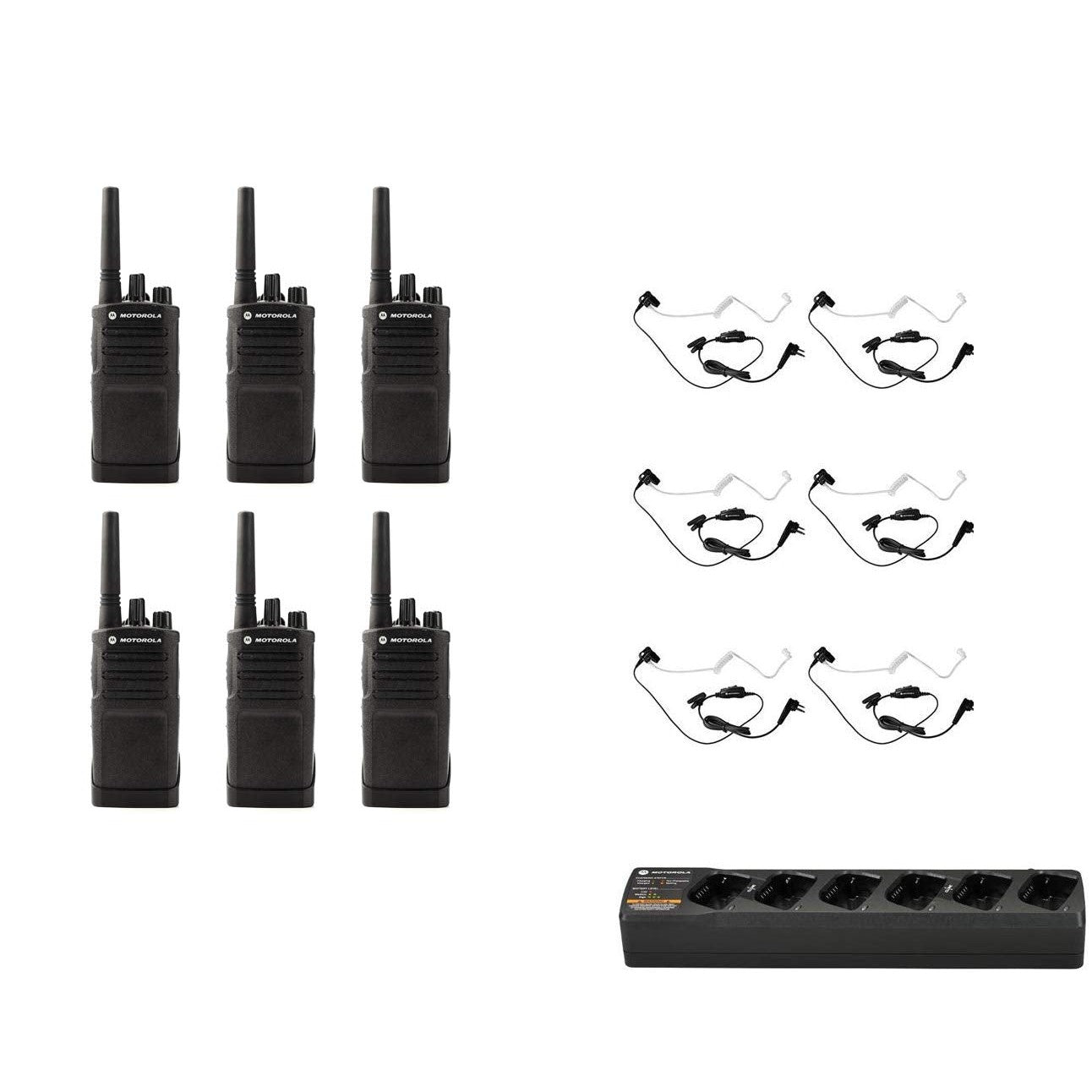 Motorola RMU2080 UHF 2 Watt 8 Channel Business Two-Way Radio with HKLN4601 Headset and PMLN6384 Multi Unit Charger (6 Pack)