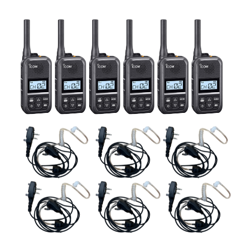 6 Pack of Icom F200 UHF 450-470MHz 16 Channels 2 Watt Radios with SRComm Surveillance Headset