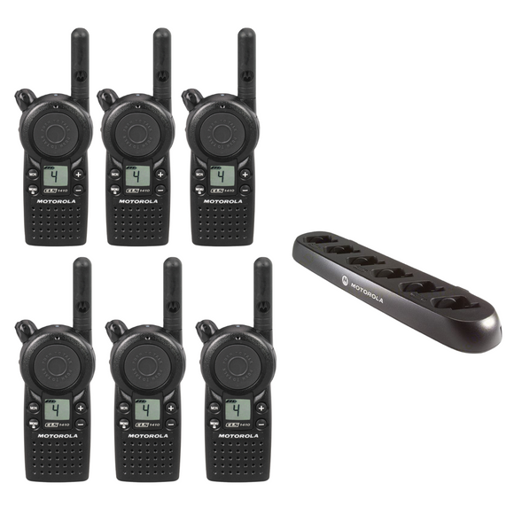 6 Pack of Motorola CLS1410 UHF 1 Watt 4 Channel Lightweight Business Radio with 56531 Multi-Unit Charger