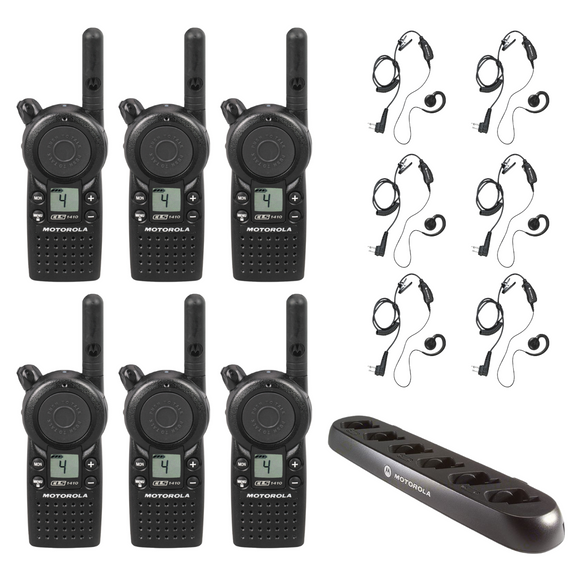 6 Pack of Motorola CLS1410 UHF 1 Watt 4 Channel Lightweight Business Radio with HKLN4604 PTT Earpiece and 56531 Multi-Unit Charger