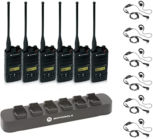 6 Pack of Motorola RDU4160d Radios with 6 Push to Talk (PTT) earpieces and a 6-Bank Radio Charger