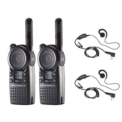 2 Pack of Motorola CLS1110 Radios with 2 Push To Talk (PTT) HKLN4604 earpieces.