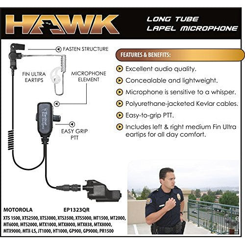 Hawk Lapel Mic for Motorola XTS Radios Includes Fin Ultra Earmolds