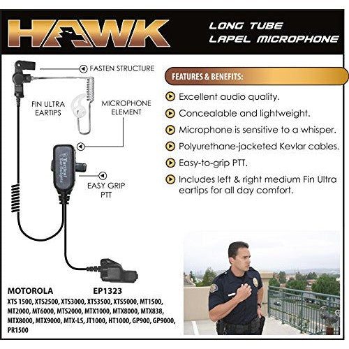 Hawk Lapel Mic EP1323 Police Earpiece Compatible with Motorola XTS5000 XTS2500 XTS3000