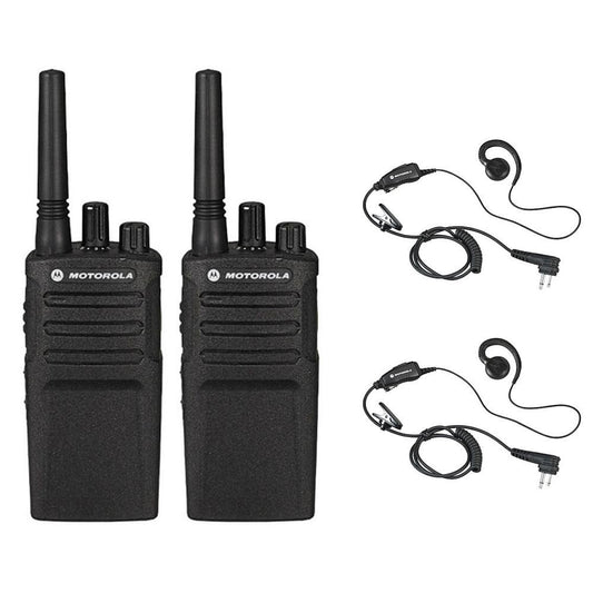 2 Pack of Motorola RMU2040 Radios with 2 Push to Talk (PTT) earpieces.