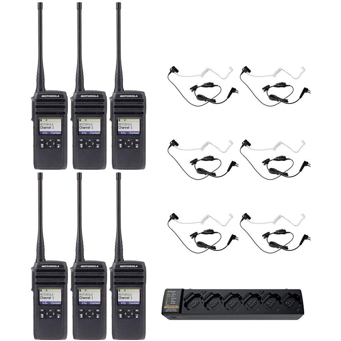 DTR700 50 Channel 1 Watt 900MHZ License Free Digital Two Way Radio with HKLN4601 Surveillance Headset and PMPN4465 Multi Unit Charger (6 Pack)