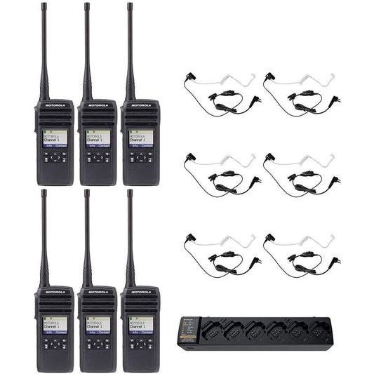 DTR700 50 Channel 1 Watt 900MHZ License Free Digital Two Way Radio with HKLN4601 Surveillance Headset and PMPN4465 Multi Unit Charger (6 Pack)