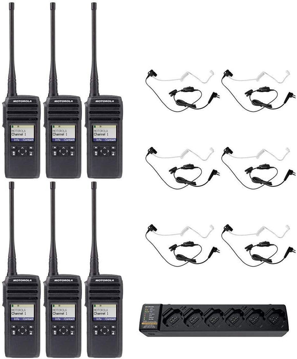 DTR700 50 Channel 1 Watt 900MHZ License Free Digital Two Way Radio with HKLN4601 Surveillance Headset and PMPN4465 Multi Unit Charger (6 Pack)