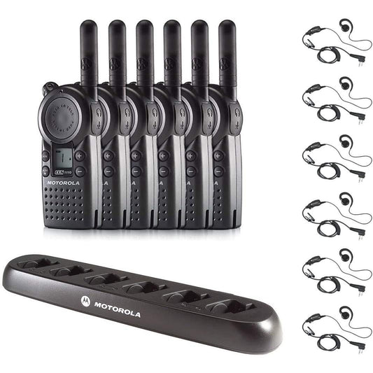 6 Pack of Motorola CLS1110 Walkie Talkie Radios with Headsets & 6-Bank Charger