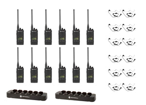 12 Pack of Motorola RDU4160D UHF 4 Watt 16 Channel Radio with HKLN4601 Surveillance Headset and RLN6309 Multi Unit Charger