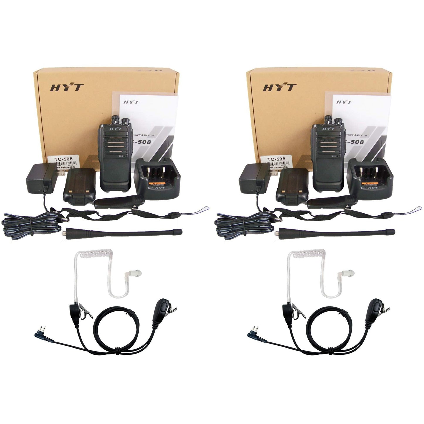 HYT TC-508-U UHF 400-470 MHz 16 Channels 4 Watts 2WIP54 Portable Radio Full Package with Surveillance Headset 2-Pack