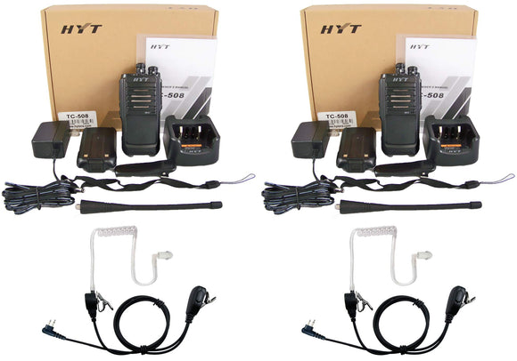 HYT TC-508-U UHF 400-470 MHz 16 Channels 4 Watts 2WIP54 Portable Radio Full Package with Surveillance Headset 2-Pack