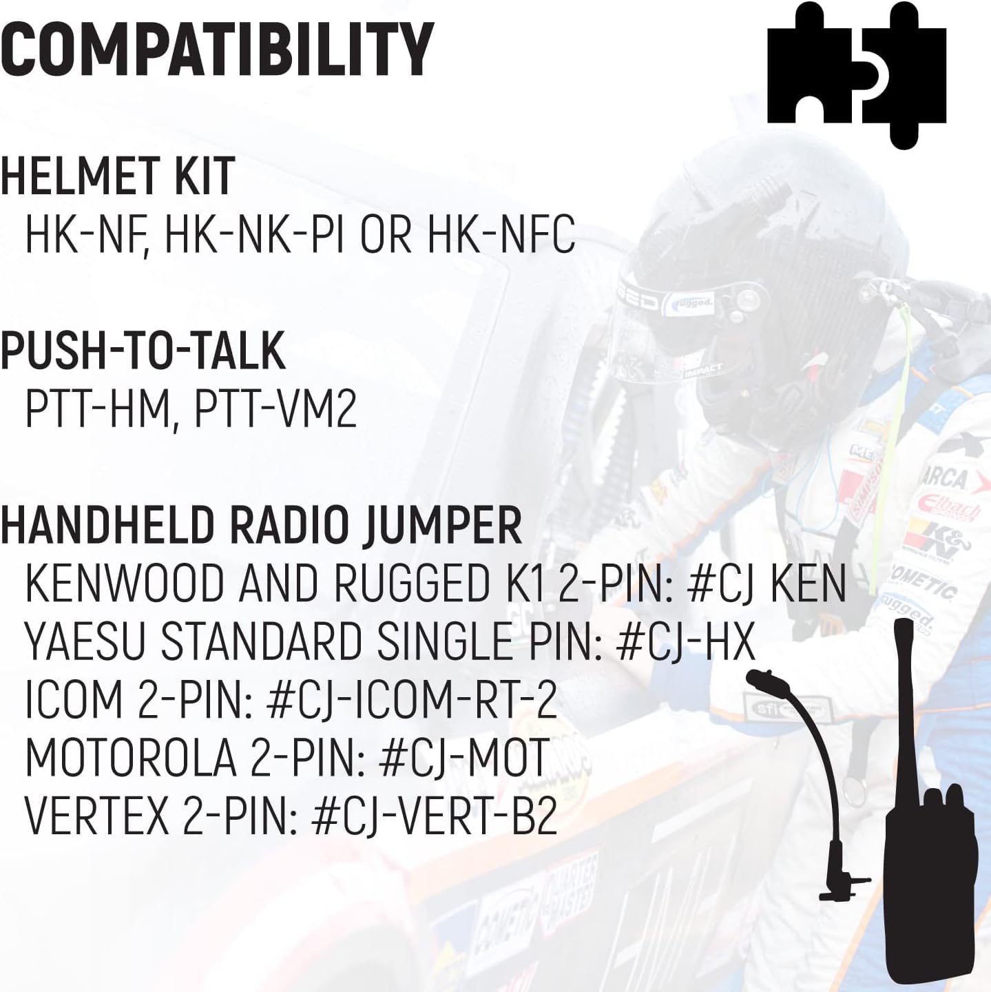 Rugged Racing Electronics Radios Communications Car Harness for NASCAR - Connects Helmet Kit Push to Talk and Two Way Handheld Radio