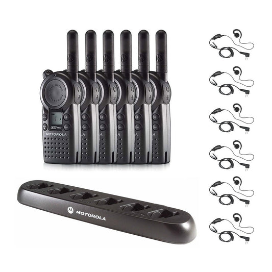 6 Pack of Motorola CLS1110 Radios with 6 Push To Talk (PTT) earpieces and a 6-Bank Radio Charger