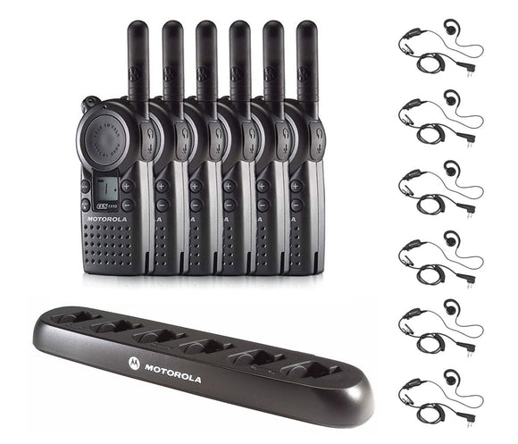 6 Pack of Motorola CLS1110 Radios with 6 Push To Talk (PTT) earpieces and a 6-Bank Radio Charger