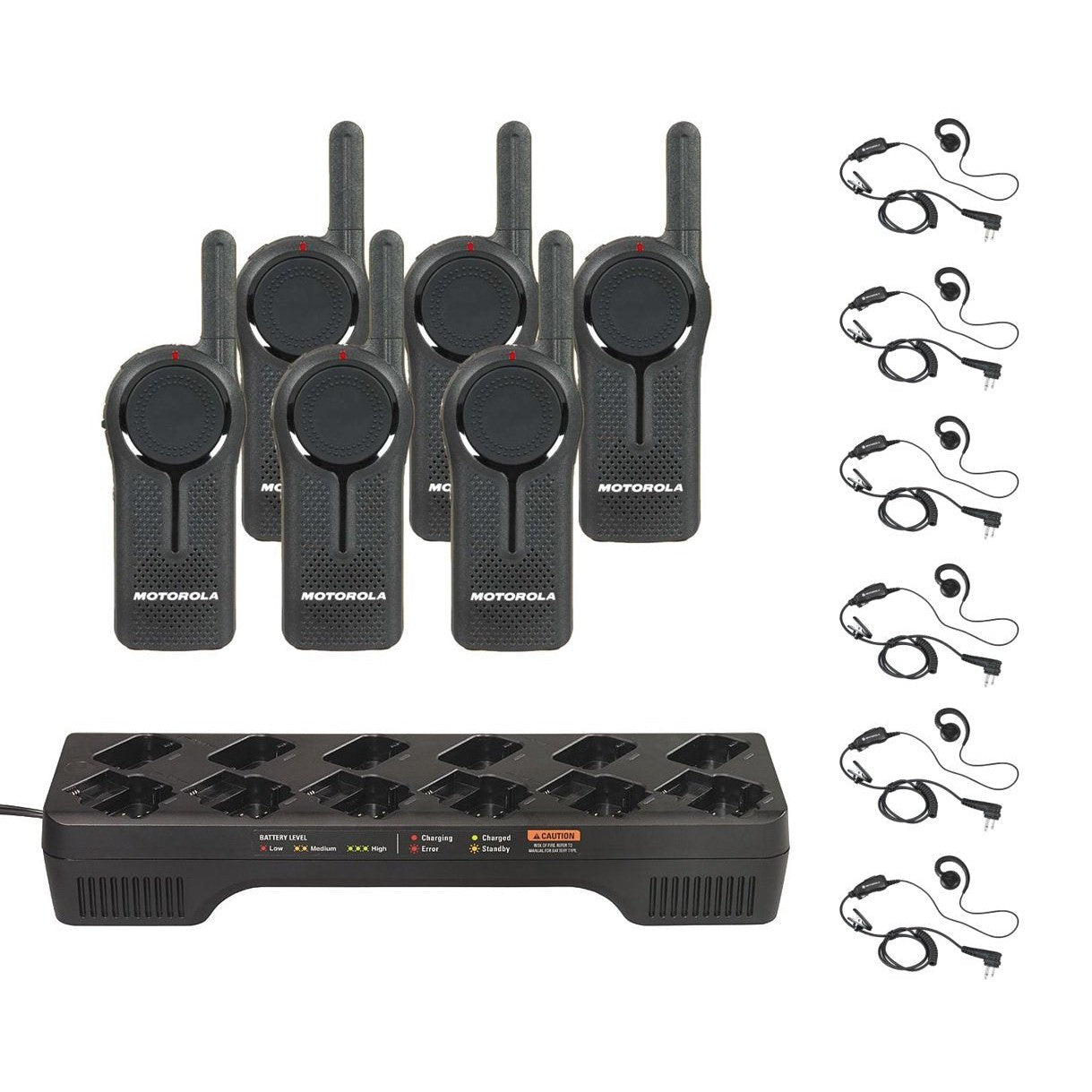 6 Pack of Motorola DLR1060 900MHz ISM Band 1 Watt 6 Channels License Free Digital Two-Way Radio and Multi-Unit Charger and Earpiece