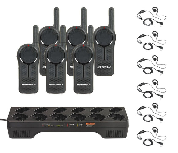 6 Pack of Motorola DLR1060 Radios with 6 Push to Talk (PTT) earpieces and a 12 Pocket Radio Charger