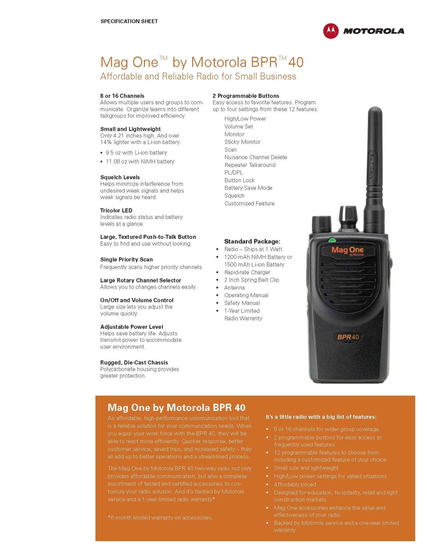 Motorola BPR40 Mag One by Motorola VHF(150-174 MHz) 8 Channel 5 Watts Model Number AAH84KDS8AA1AN - Requires Programming