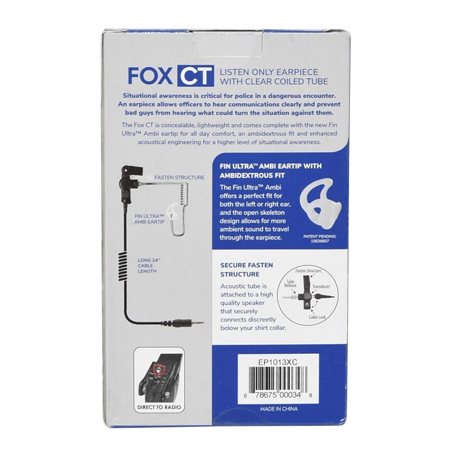 The Ear Phone Connection Fox Acoustic Tube Listen Only Earphone with 3.5mm Connector, Black