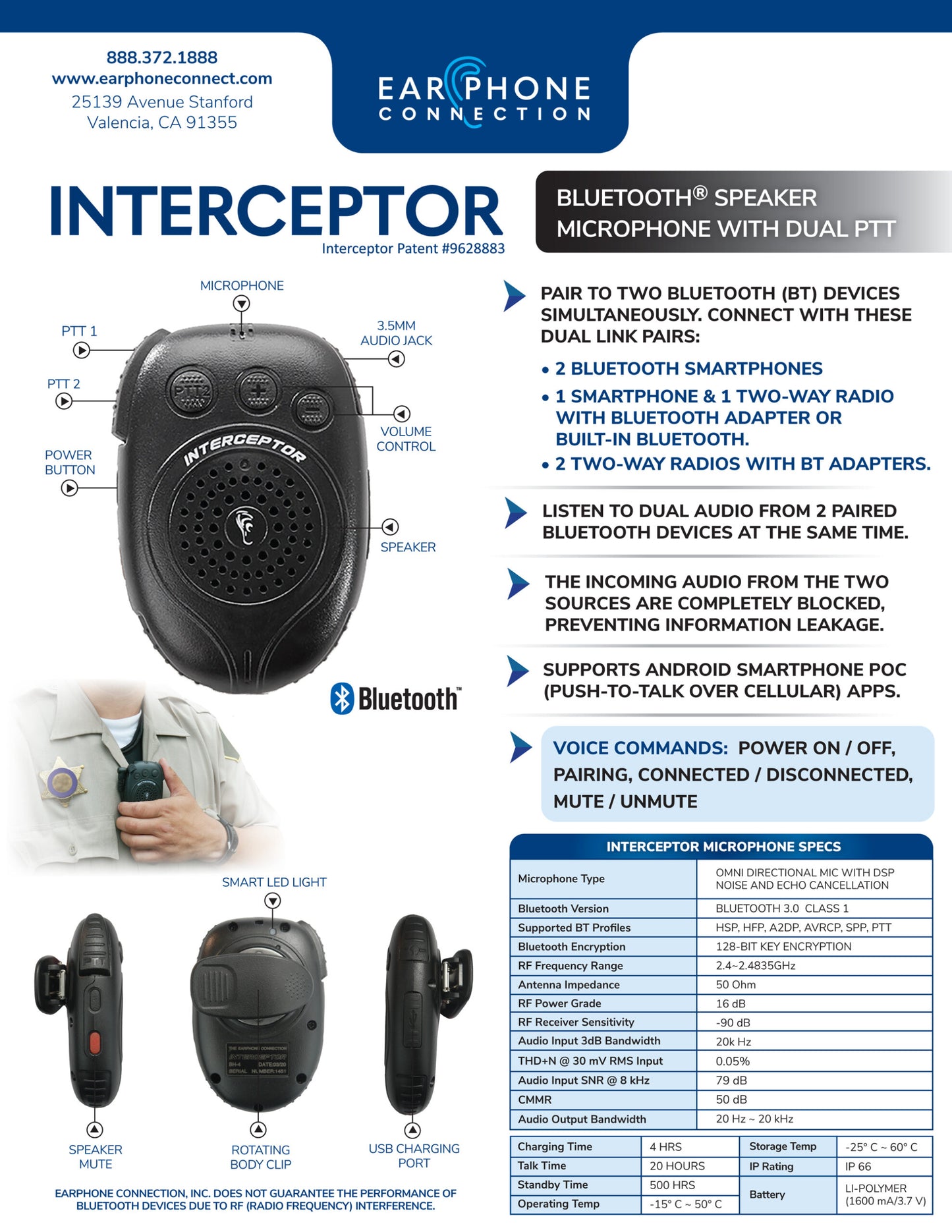 Earphone Connection Interceptor Bluetooth Speaker Microphone for POC