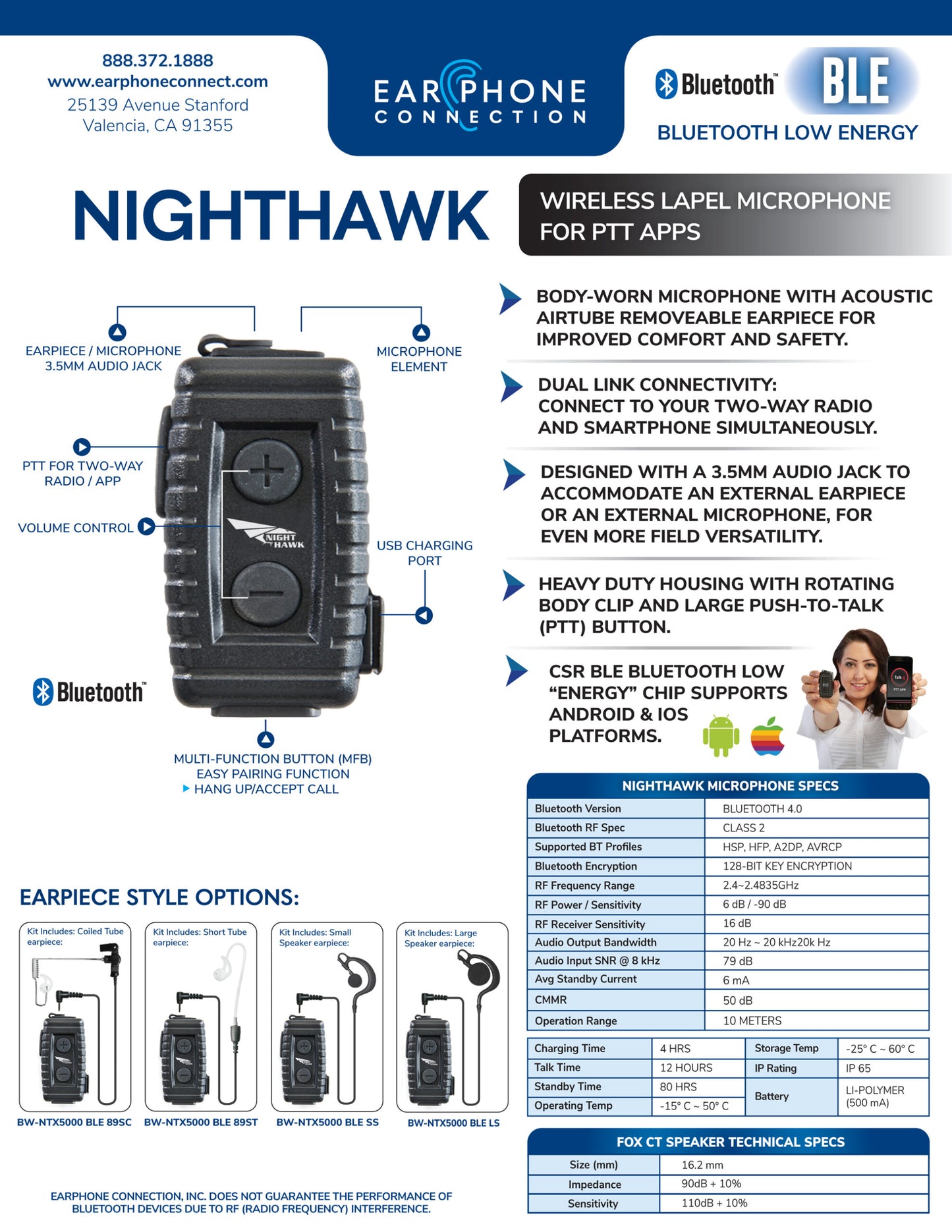 Earphone Connection Nighthawk Bluetooth Microphone for POC Apps