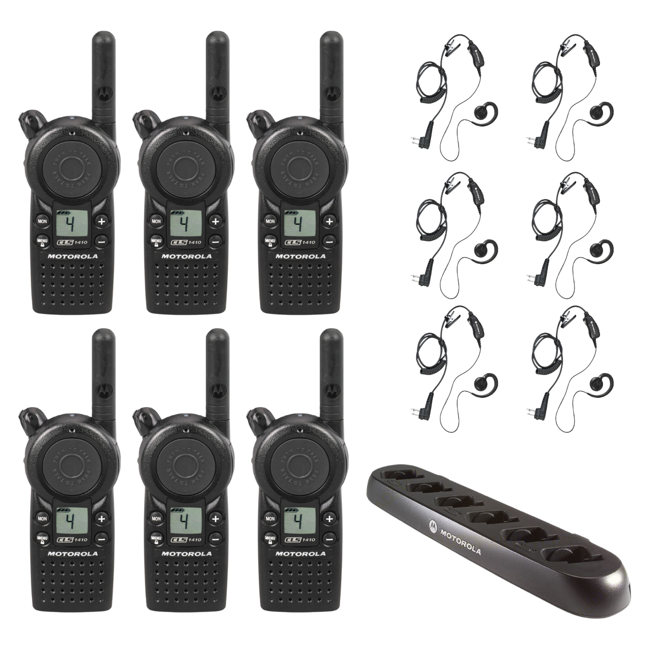 6 Pack of Motorola CLS1410 UHF 1 Watt 4 Channel Lightweight Business Radio with HKLN4604 PTT Earpiece and 56531 Multi-Unit Charger