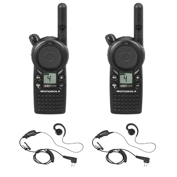 2 Pack of Motorola CLS1410 UHF 1 Watt 4 Channel Lightweight Business Radio with HKLN4604 PTT Earpiece