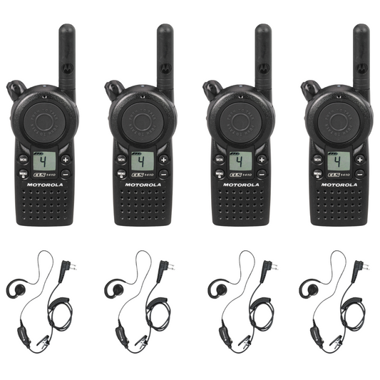 4 Pack of Motorola CLS1410 UHF 1 Watt 4 Channel Lightweight Business Radio with HKLN4604 PTT Earpiece